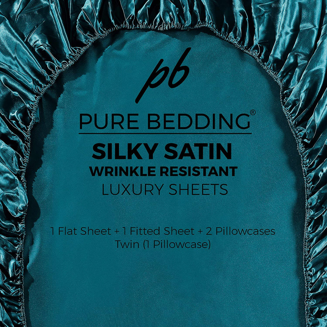 Satin Sheets King [4-Piece, Teal] Hotel Luxury Silky Bed Sheets - Extra Soft 1800 Microfiber Sheet Set, Wrinkle, Fade, Stain Resistant - Deep Pocket Fitted Sheet, Flat Sheet, Pillow Cases