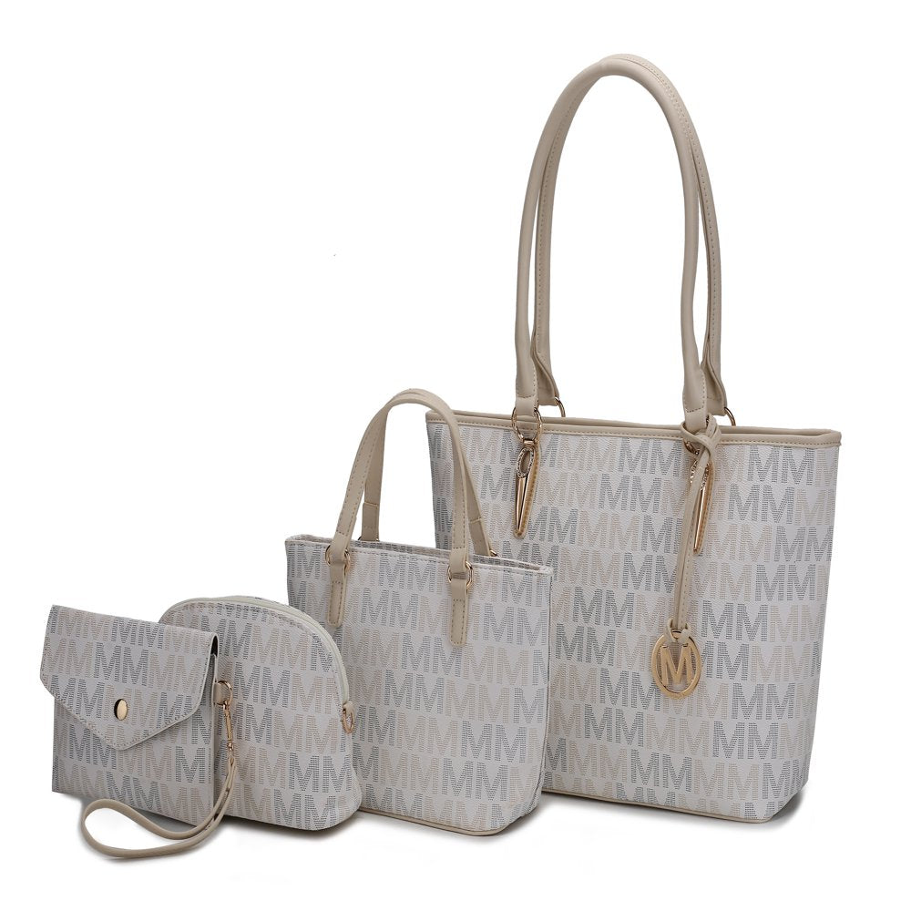 Vegan Leather Women'S Tote Bag, Small Tote Handbag, Pouch Purse & Wristlet Wallet Bag 4 Pcs Set by Mia K - White