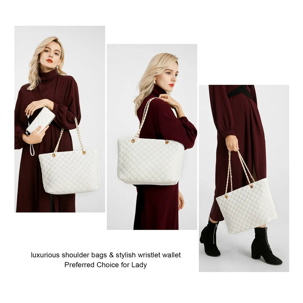 Poppy Quilted Women Handbags Purses Leather Tote Bag Satchel Wallet Set 2Pcs Chain Strap Shoulder Bag Classic