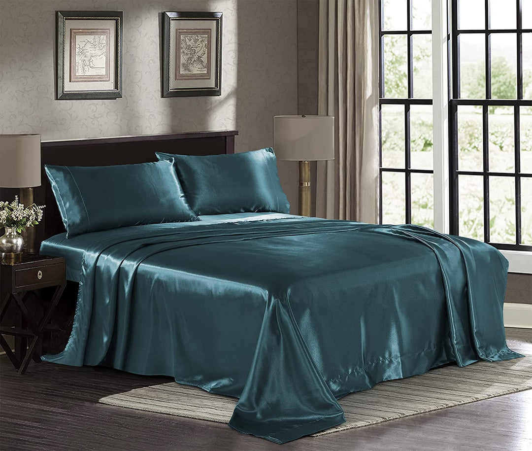 Satin Sheets King [4-Piece, Teal] Hotel Luxury Silky Bed Sheets - Extra Soft 1800 Microfiber Sheet Set, Wrinkle, Fade, Stain Resistant - Deep Pocket Fitted Sheet, Flat Sheet, Pillow Cases